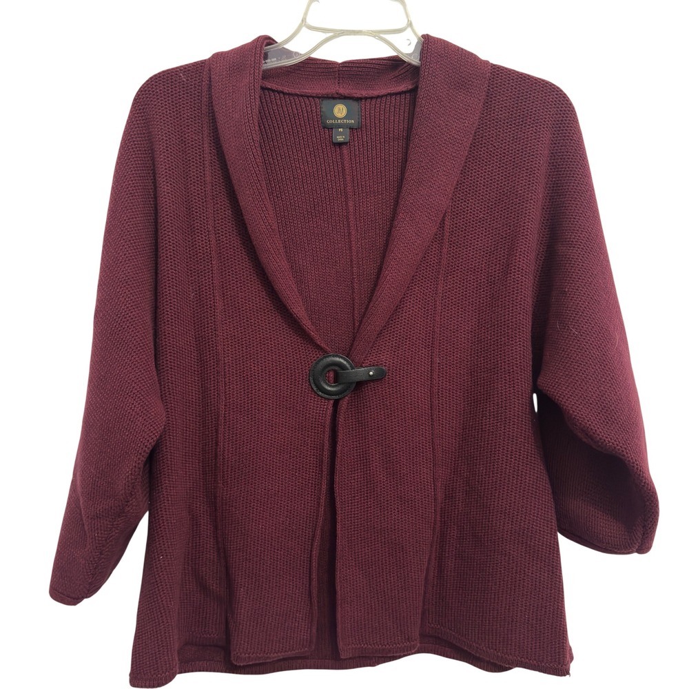 JM Collection Petite Cardigan Burgundy Shawl Collar Ring Closure Cozy PS